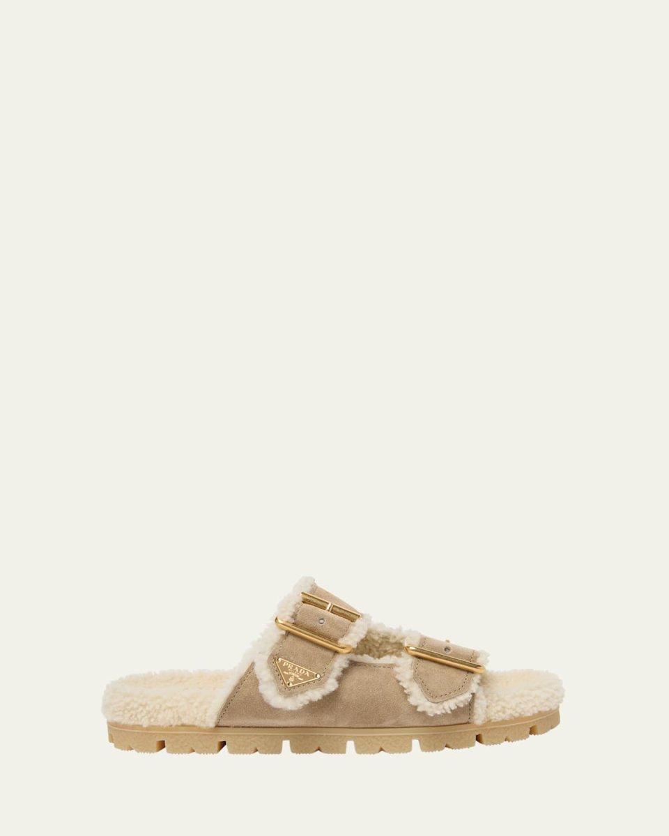 Suede Shearling Lined Dual-Buckle Slide Sandals